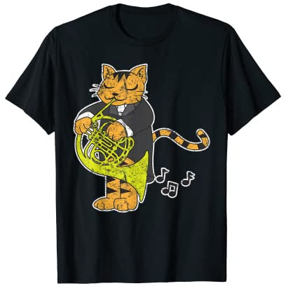 Katze spielt Waldhorn Musiker Musikband Katzenliebhaber T-Shirt