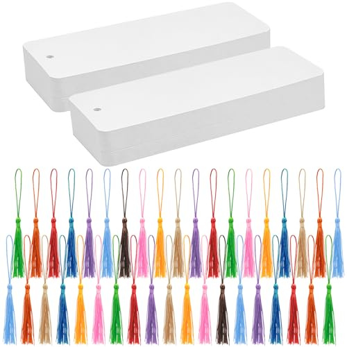 DSYIL 100 Set Blank Bookmarks with Colorful Tassels, White Cardstock Bookmarks Bulk, Craft Paper Book Marks for DIY Projects and Gifts Tags, 5.5 x 2 Inch