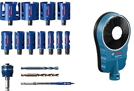 Bosch Professional 15 tlg. Expert Construction Material Lochsäge Set (für Weichholz, Ø 20-76 mm, Zubehör) + Staubabsaugung GDE 162 (kompatibel mit allen bohrenden Geräten mit max. 162 mm Bohr-Ø)