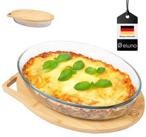 Eluno Glas-ugnsform inklusive lock av bambu, ca 3 liter, serveringsbräda, förvaringslåda, oval