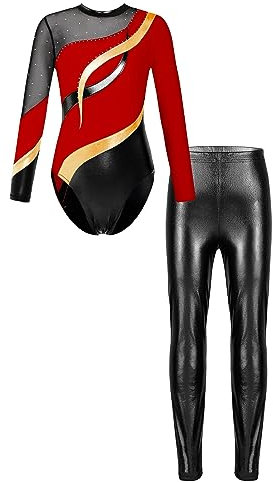 Doomiva Mädchen Turnanzug Zweiteiler Gymnastikanzug Glänzende Sportanzug Langarm Sportbody und Leggings Bekleidungset Rot schwarz 134-140