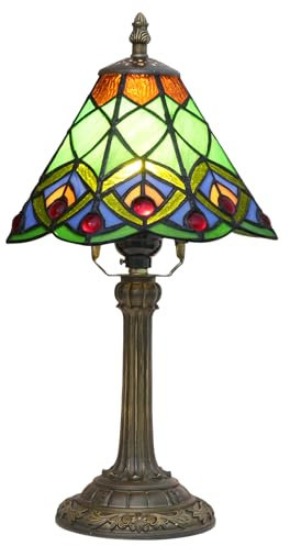 Blivuself Petite lampe Tiffany verte Lampe de table en verre teinté Queue de paon Lampe de chevet pour chambre à coucher Salon Dortoir Bar Style rétro Décor de table de nuit