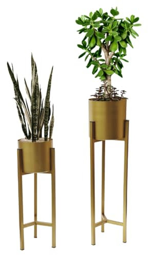 Trendi Gold Set of 2 Planter Pots with Metal Stands, Flower Pots Living Room Decor | Reversible Stand Plant Pot for Indoor/Outdoor Flower pot Plant Herb | Garden Container | Organizer decor
