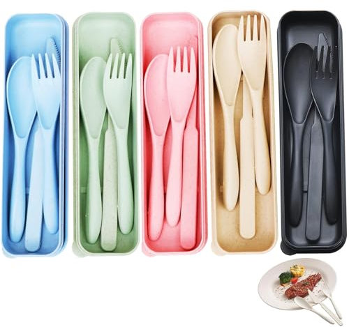 5 Sets Travel Cutlery - Portable Picnic & Camping Lunch Cutlery Set with Case - Reusable Spoon Fork Sets