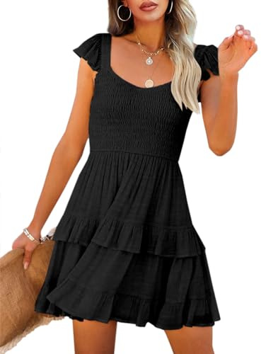 Imily Bela Damen Sommerkleid Elegant Rüschen Ärmellos Minikleid Gesmokt A-Linie High Waist U-Auschnitt Kleid(Schwarz, M)