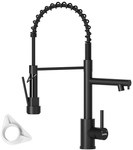 DAYONE Black Pull Down Kitchen Tap With Two Spouts - SUS304 Stainless Steel 360° Swivel Sink Mixer, 2025 Upgrade Commercial Faucet With 2 Mode, UK G1/2