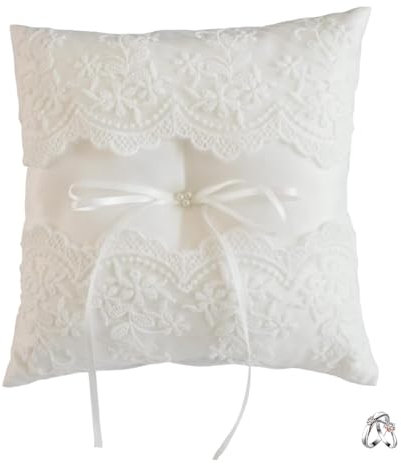 Voarge Cuscino per fedi nuziali, con pizzo e fiore, Cuscino Porta Anelli Ricamato Floreale Bianco