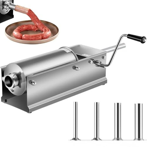 CASEGO 3L/5L Sausage Stuffer Machine, Stainless Steel Sausage Filler, with 5 Filling Nozzles, Horizontal Manual Sausage Meat Mincer,Bratwurst (One Color 5L)