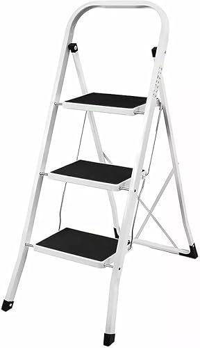 2 Step 3 Step Steel Portable Folding Heavy Duty Anti Slip Step Ladders For DIY Gardening 150kg Capacity Kitchen Home Industrial Strong Durable Space Saving Safety Lock Ladders (White/Black, 3 Steps)