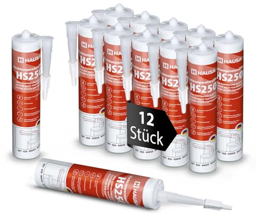 Silicone haute température HS250 Colle et mastic professionnel pour joints pour températures jusqu'à 305°C Étanchéité de moteurs automobiles, industriels et marins 12x310ml (Rouge) HAUSA