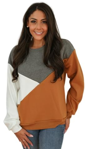 Movemama Women's Breastfeeding Colorblock Diagonal Zip Nursing Sweatshirt with Velour Interior (US, Alpha, Large, Regular, Regular, Camel/Gray/White)