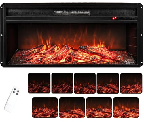 TANGZON Recessed Electric Fireplace, Inset Freestanding Fire Heater with Flame Colors, Brightness, Remote Control & Thermostat (36, 900W/1800W, 1 Flame Color, 9 Brightness)