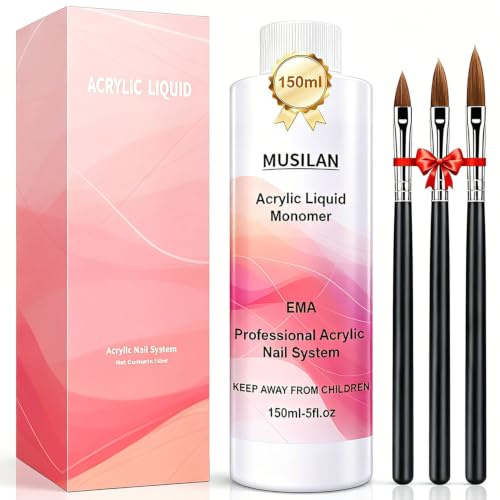 MUSILAN Monomer Acrylflüssigkeit, 150 ml, flüssiges Monomer für Acrylpulver, Acrylnägel, flüssiges Monomer mit 3 Acrylpinseln, Größe (8/10/14), für Acryl-Nagelverlängerung, vergilbt nicht (150ML)