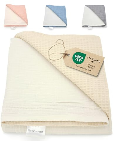 TSCHAMLER® Babydecke 80x100 cm – leicht & atmungsaktiv aus Musselin & Waffelpique, Oeko-TEX® Zertifiziert, Baumwolldecke in edler Geschenkbox, Baby Decke Baumwolle – Beige