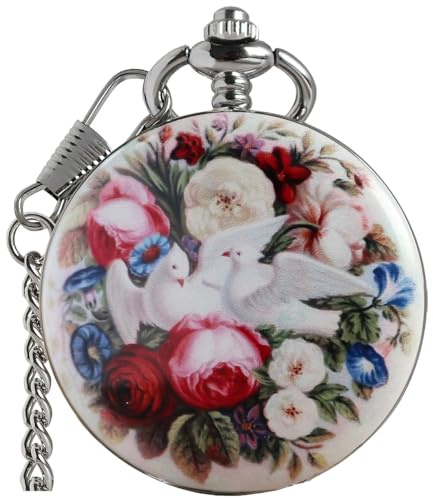 VIGOROSO Orologio da taschino meccanico manuale vintage con motivo floreale e uccellino, per uomini e donne, elegante orologio da tasca a carica con scheletro con catena e confezione regalo, Blu,
