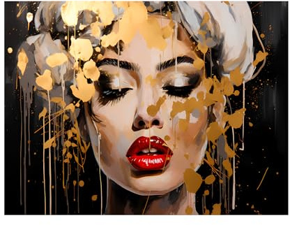 STYLER Leinwandbild Elizabeth 70 x 100 cm (AUFHÄNGFERTIG) I Abstrakte Kunst auf Leinwand I Frau mit Hut modern I Wandbild Bild Wohnzimmer Schlafzimmer Flur I Kunst bunt Gold I Made in Europe