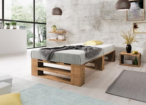 Lermowood Palettenbett M2 aus Holz 100 x 200 cm Eiche mit Lattenrost Holzbett 40cm Stabiles Seniorenbett Kinderbett Jugendbett Gästebett erhöhtes Einzelbett Bettgestell Futonbett Komforthöhe