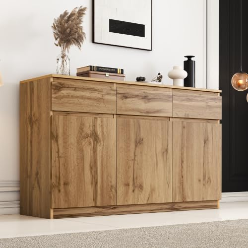 Jaxenor Oak Effect Sideboard for Living Room, Farmhouse Buffet Cabinet with 3 Drawers & 3 Doors for Dining Room Kitchen, Server Bar Wine Cabinet with Adjustable Shelves, 135x40x81cm
