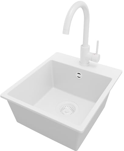 PRIMAGRAN Evier Cuisine en Granit au Meuble 40cm + Robinet, 38x44cm | Set: Robinet BW5010 + Kit de Vidage (Siphon, bonde d’évacuation, trop-plein) + Lavabo 1 Bac - Riga, Tout Blanc