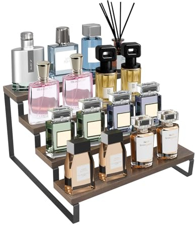 Yuhtech 4 Tier Wooden Display Riser Stand, Products Display Shelf, Perfume Organizer Stand, Spice Rack Organizer, Wood Step Shelf Storage Holder for Skincare, Dessert, Dolls, Small Plants