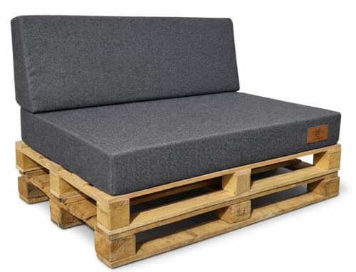 Odolplusz Palettenkissen 2er Set | Palettenauflagen mit Abnehmbarem Bezug | Sitzkissen für Europaletten 120x80 + Rückenlehne 120x40 | Schaumstofffüllung | Graphit
