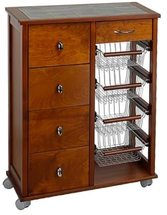 Liberoshopping Carrello cucina cassettiera OTELIA in legno di faggio con 4 cassetti, 4 cesti portafrutta in acciaio, ruote piroettanti e piano con mattonelle in ceramica – Made in Italy (Ciliegio)