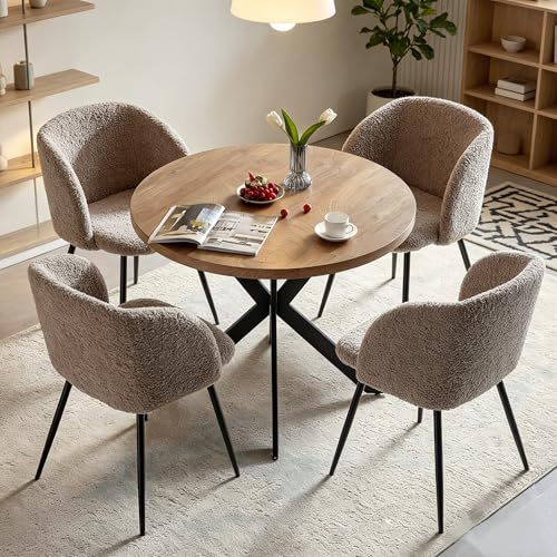 NORDICANA Esstisch mit 4 Stühlen Set, 95cm Runder Esstisch und 4 Kunstfell Loungesessel, Esszimmergruppe mit 4 Essstühlen, für Küche, Büro, Wohnzimmer, Balkon, Restaurant(Tisch+4 Braun Stühle)