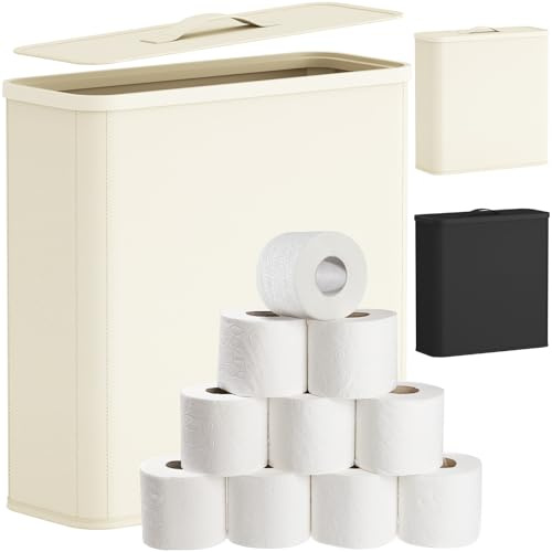 Lifewit Toilet Roll Storage, Bathroom Storage Box Holder Stand with Lid, Bamboo Multifunctional Toilet Paper Basket Cabinet with Handle, 33L, White