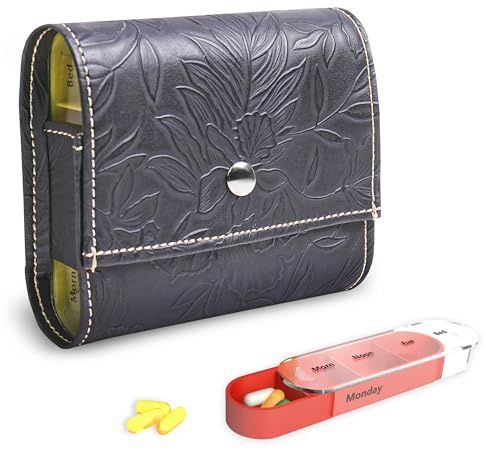 Czzmy Pastillero Semanal 4 Tomas 7 Días, 28 Compartimentos Organizador Medicamentos con Estuche de Cuero PU,Vitamina Caja de Almacenamiento para Viaje, Emerald Illusions(1-Tallado negro)