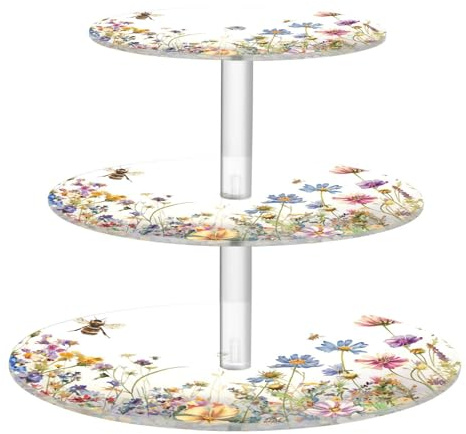 Blueangle 3-Tier Round Cupcake Stand – Herbs and Wild Flowers Acrylic Dessert Tower, Non-Slip Tiered Dessert Stand for Baby Shower, Birthday, Wedding Party （452）
