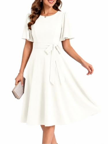 Fynadressr Women's Wedding Guest Dress A Line Short Sleeve | Ladies Casual Cocktail Formal Party Daily Dress with Belt