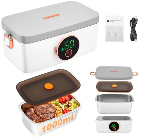 ExKeen Fiambrera eléctrica, 24000 mAh, 1,6 L, recargable, calefacción automática, pantalla LED, color blanco