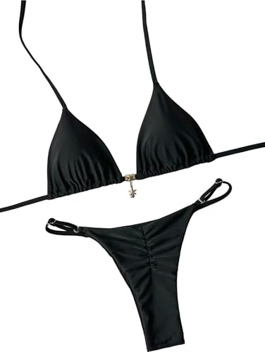 Tainehs Women's Brazillian Triangle Thong Bikini Set Sexy String Two Piece Swimsuit Bathing Suit Black