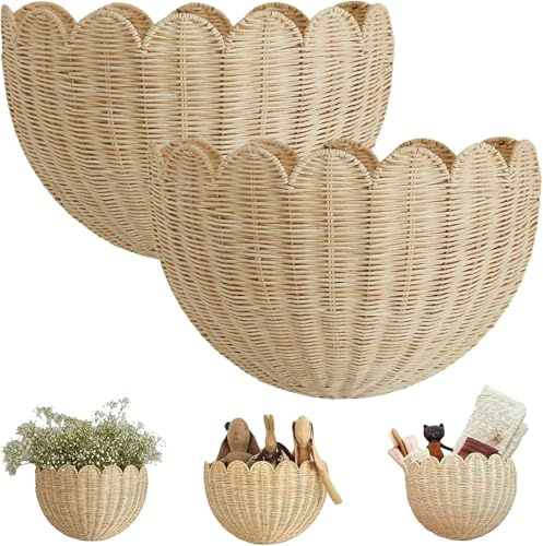 Wandkorb Aus Rattan, Aufbewahrungs korb Geflochten, Blumenkorb Wandampel Blumenampel für Wand, Wandhalterung Flechtkorb Regalkorb für Wohnzimmer, Schlafzimmer, Bad & Kinderzimmer (40 * 25cm/2PCS)