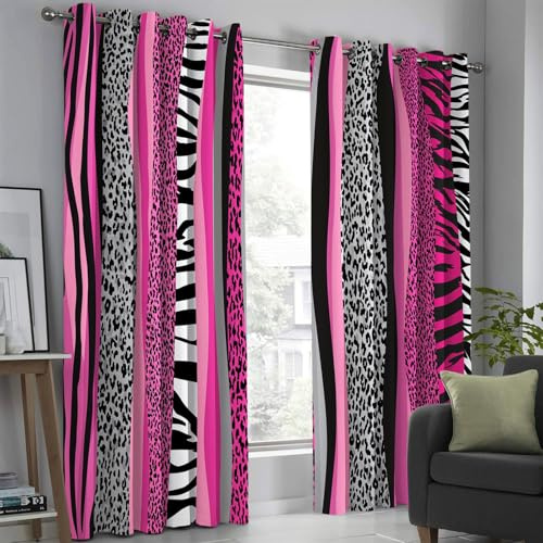 Tende Oscuranti 75Lx166A Cm 2 Pezzi Con Occhielli, Astratto Zebra Leopardo Patchwork A Righe Isolamento Acustico Termiche Tenda Da Stampate, Tende Per Soggiorno Camera Da Letto Fucsia
