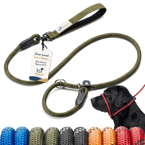 Snazzy Tails Freedom Pro Rope Slip Lead – No-Kink Swivel Handle, Figure-8 Halter for No-Pull Training, Metal Safety Stopper, Reflective, Premium Durable Rope Lead - Army Green 1cm x 1.5m