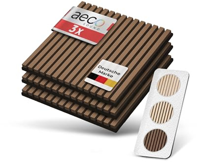 Aeco Sound® Akustikpaneele Holz - 60x60 cm - Echtholz Eiche & Akustikfilz | 3 Stück - Wandpaneele, Schalldämmung, Wandverkleidung - Eichenholz (dunkel) & extra dicker Akustikfilz (Schwarz)