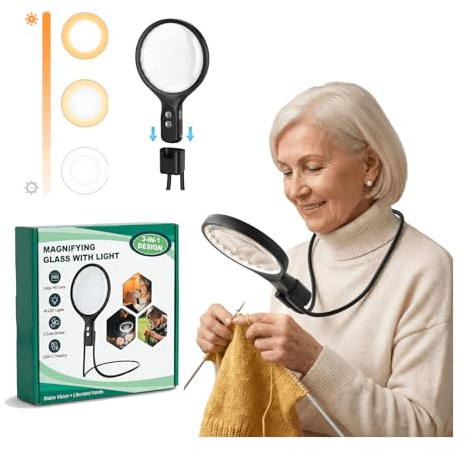 Magnifying Glass for Reading with 48 LED Lights 3 Color Modes, Neck Magnifier Hands Free, 5X/10X Magnifiers for Seniors for Close Work Repairing Reading Sewing (Black)