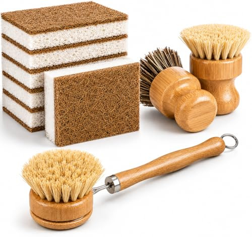 Natural Cleaning Set – 2 Palm Bristle Dish Brushes + 1 Long Handle Palm Brush + 5 Coconut Non-Scratch Scrub Pads – Plastic-Free Kitchen Cleaning Tools, Eco-Friendly & Durable