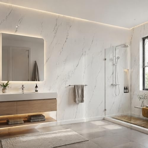 Camiraft Bathroom Wallpaper Waterproof, 2.3mm Thick White Marble Self Adhesive Wallpaper 3mx40cm, Thermal Insulated Waterproof Damp-Proof Wall Covering for Bad Cold Walls (1 Rolls=1.2m²)