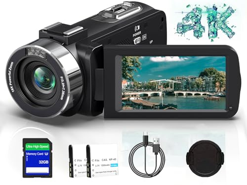 Camcorder Video Camera 4K UHD 80MP IR Night Vision Vlogging Camera for YouTube 18X Digital Zoom Camcorder Autofocus 3.0 270° Rotation IPS Screen Video Recorder with 32G SD Card, Lens Cap, 2 Batteries