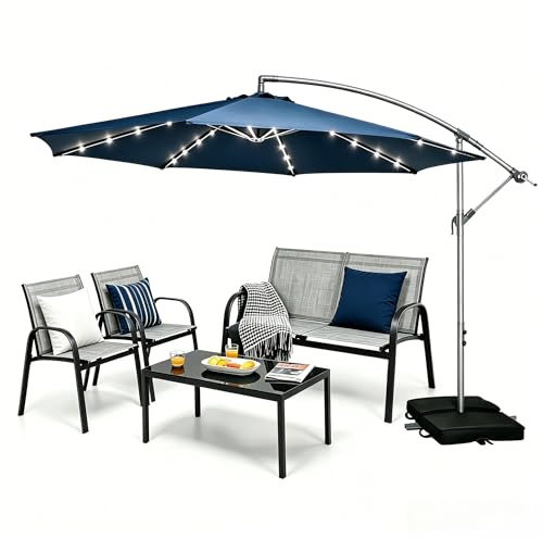 KOMFOTTEU Salon de Jardin avec Parasol de Jardin Extérieur 3M, 4 Personnes | Parasol avec Base & LED, Mobilier d’Extérieur, 2 Chaises, 1 Canapé et 1 Table Base, Parasol Déporté, Anti UV Pare-Vent Manive