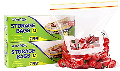 WRAPOK Medium Freezer Bags Ziplock Reusable Sandwich Plastic Food Bags - 9.8 x 8.7 Inch (100 Count)