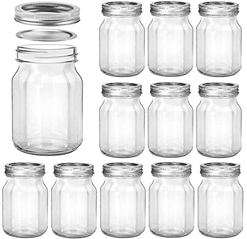 KAMOTA Mason Jars, 16 oz Octagonal Jars With Regular Lids and Bands, Ideal for Jam, Honey, Wedding Favors, Shower Favors, Baby Foods, DIY Magnetic Spice Jars, 12 PACK, 20 Whiteboard Labels Included