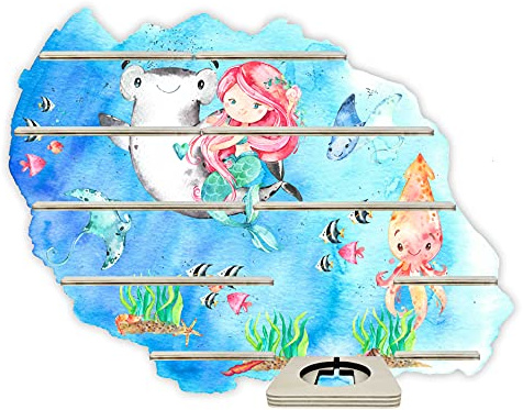 Farbklecks-Collection Tonie Regal Unterwasserwelt Meerjungfrau, Wandregal für bis zu 50 Hörfiguren, Maße 61x61x46 cm, mit speziellem Ablagefach kompatibel mit Toniebox, handgefertigt in Deutschland