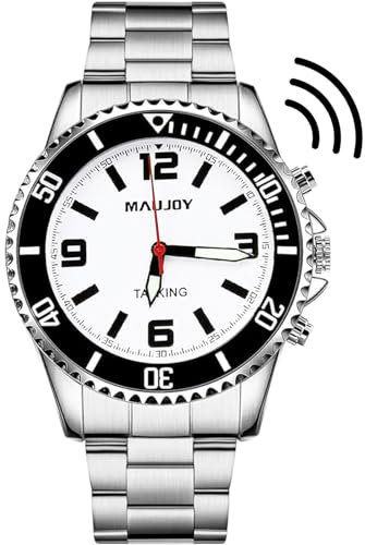MAUJOY Men's English Talking Watch(Silver Stainless Steel Band) Clear & Loud Voice, Announces Time, Date & Alarm - Ideal for Elderly, Impaired Sight & Blind Users