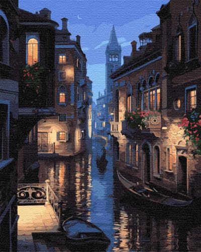 Artnapi Malen nach Zahlen Erwachsene mit Rahmen | DIY Handgemalt | Venedig bei Nacht | Kit für Anfänger und Erwachsene | Set inklusive Acrylfarben & Pinsel | 40x50cm Leinwand | Ideal als Geschenk