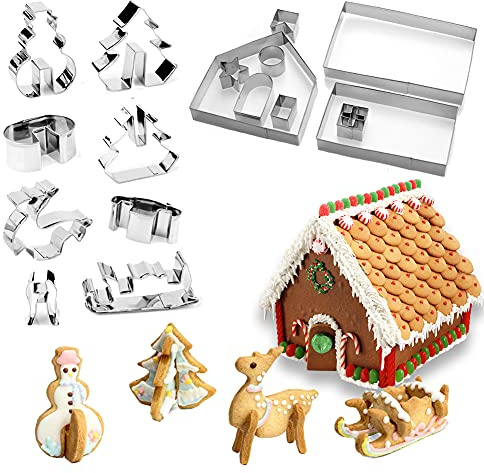 Molde de Galletas Navideñas, 3D Casa Galleta De Jengibre, Juego de Cortadores de Galletas de Navidad para Hornear, Acero Inoxidable Galletas Cortador, para Accesorio de Cocina, 18 Piezas