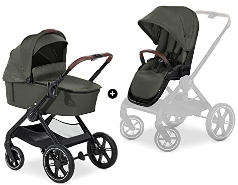 hauck Walk N Care Set, Dark Olive - 2 in 1 Pram & Pushchair with Raincover from Birth to 22 kg, Frame with Cup Holder, Carrycot & Toddler Seat, Height-Adjustable, Compact & Foldable, UPF 50+, Lie-Flat