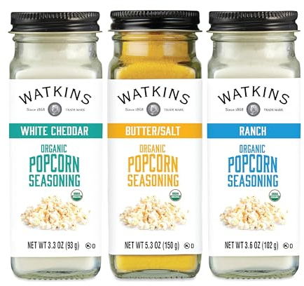Watkins Popcorn Seasoning Assorted Flavours Pack of 3 (1 White Cheddar 3.2oz, 1 Butter/Salt 5.5oz, 1 Ranch 4oz)